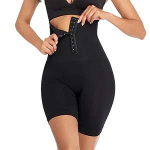 Black high waist tummy control shapewear shorts with seamless double row hook closure