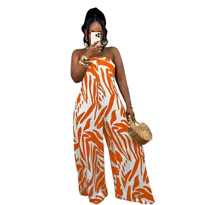 Detailed view of the stylish orange zebra print strapless wide-leg jumpsuit for women