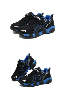 Side view of black and blue breathable mesh boys running shoes with velcro strap