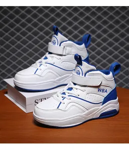 Scarpe da basket alte bianche e blu per bambini con cinturino in velcro e tomaia traspirante