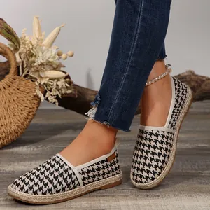 Lässige Damen Espadrilles mit Hahnentritt-Muster und flacher Strohsohle für den Sommer