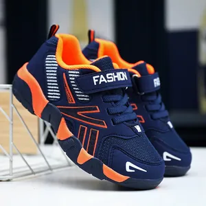 Boys' breathable navy and orange mesh running shoes with hook-and-loop strap