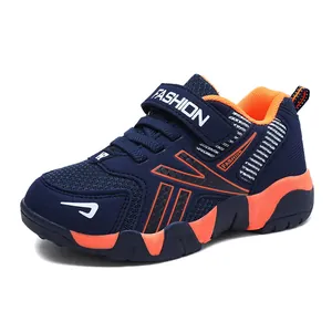 Breathable navy blue and orange boys' athletic running shoes with velcro strap