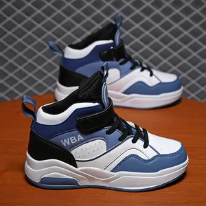 Sneakers alte alla moda per bambini con design patchwork in pelle blu e bianca
