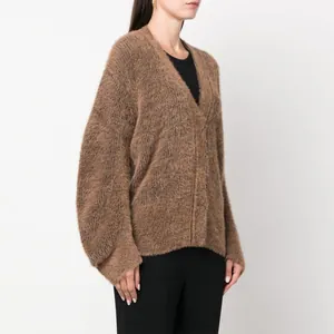 Elegant brown fuzzy knit cardigan featuring high-end shell buttons shown on model