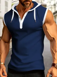 Men's Sleeveless Hooded T-Shirt Polyester Color Block Sporty Workout Henley Tank Top With Buttons For Summer Casual Daily
