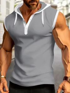 Men's casual sleeveless hooded gym t-shirt with henley buttons in grey and white