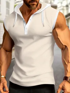 Men's casual sleeveless hooded polo T-shirt with waffle texture beige and white