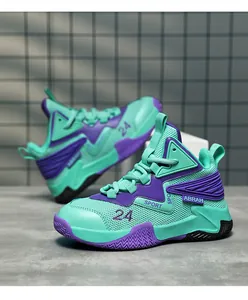 Detailed shot of boys' basketball shoes with breathable mesh in mint green and purple