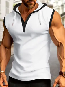 Men's athletic sleeveless hooded shirt featuring button placket and contrast black trim details