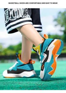Action detail of boys' breathable basketball sneakers on outdoor court