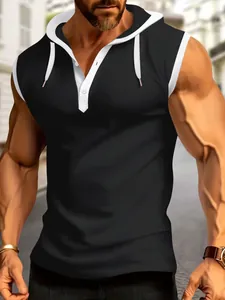 Men's athletic black sleeveless hoodie with white contrast trim and button placket detail