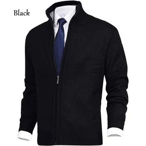 Classic black men's stand collar knit cardigan sweater jacket with full zip closure