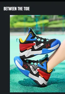 Detailed side view of boys colorful basketball shoes with breathable mesh and anti-slip sole