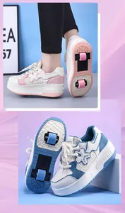 Detail of children's double-wheel retractable roller shoes in pink and blue colors