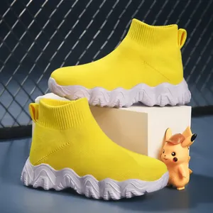 Breathable high-top yellow knit sock shoes for kids featuring comfortable white wavy soles