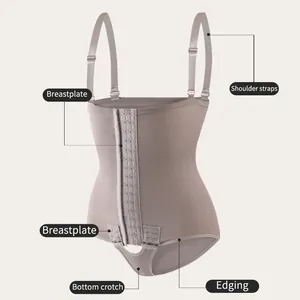 Detail view of tummy control shapewear bodysuit with adjustable straps and hook closures