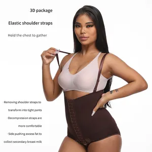 Detail view of brown tummy control bodysuit shaper with adjustable elastic straps