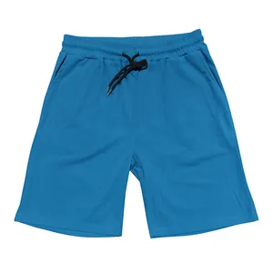 Vista dettagliata dei pantaloncini casual blu con trama a costine e coulisse nera.