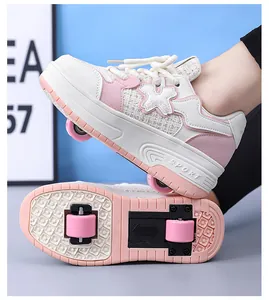 Detailed view of pink and white kids' roller shoes with retractable double wheels