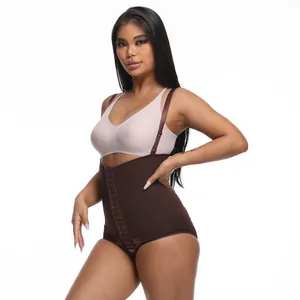 Detail of high waist brown shapewear bodysuit for women with tummy control hooks