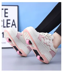 Detail view showing the double wheels of pink and white retractable roller shoes for girls