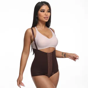 Brown high-waist tummy control shapewear bodysuit with adjustable straps for women