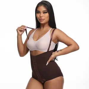 Close-up of brown high-waisted tummy control bodysuit shapewear with adjustable straps