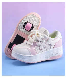 Pink and white girls' double-wheel retractable roller shoes showing side and sole details.