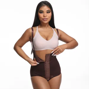 Detail of brown tummy control shapewear bodysuit with hook-and-eye closure design