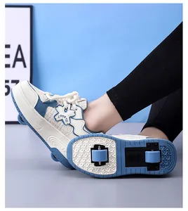 Close-up of dual-wheel roller shoes for kids showing the retractable sole mechanism