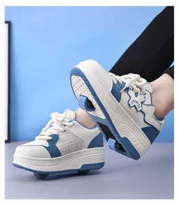 Close-up of children's blue and white retractable double-wheel roller shoes for girls