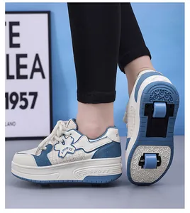 Detailed macro view showing the blue and white retractable wheels on children's roller shoes
