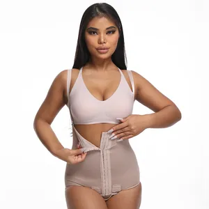 Detailed view of high-waist tummy control bodysuit with front zipper and hooks