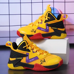 Youth basketball shoes featuring breathable yellow mesh and multi-color sporty design