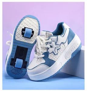 Detailed view of children's blue and white double-wheel retractable roller shoes