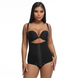 Front view of black women's shapewear bodysuit with hook-and-eye closure on model