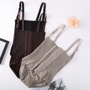 Detailed view of three high-waist shapewear bodysuits with adjustable front hook closures.