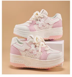 Detailed view of girls' pink and white double wheel retractable roller shoes