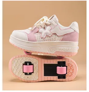 Detail view of kids roller shoes showing the retractable double wheels on the sole.