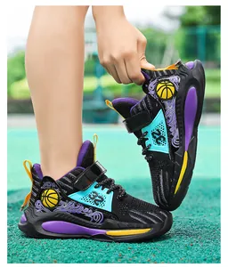 Breathable mesh boys' basketball shoes featuring vibrant purple and yellow accents