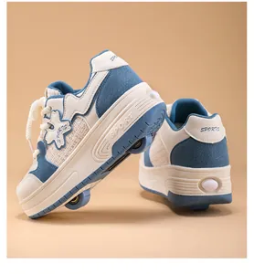 Close-up detail of blue and white retractable double-wheel roller shoes for children