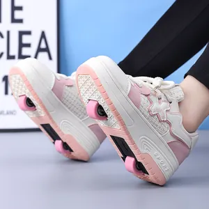 Kids Roller Shoes For Girls Wheeled Sneakers With Double Retractable Wheels Breathable Mesh Outdoor Skate Shoes For Children