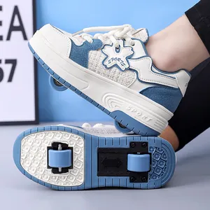 Fashionable blue and white children's double-wheel roller shoes with retractable wheels