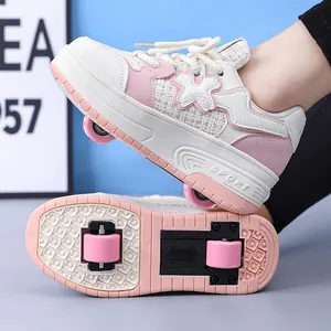 Girls' pink and white double-wheel roller shoes with retractable wheels