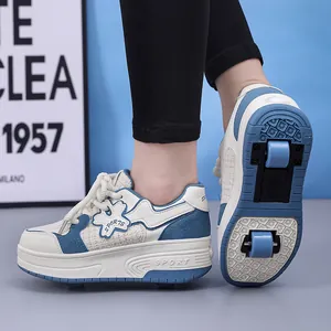 Double wheel retractable roller skate shoes for girls in blue and white colorway