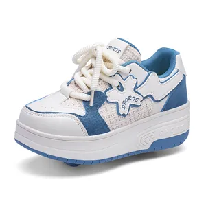 Kids retractable two-wheel roller shoes for girls in white and blue sports design