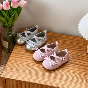 Toddler Girls Princess Mary Jane Shoes Bowknot Microfiber Leather Soft Sole Walking Shoes Silver Pink Kids Flats
