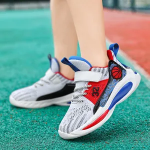 Breathable mesh boys basketball shoes with a vibrant red and blue sporty athletic design