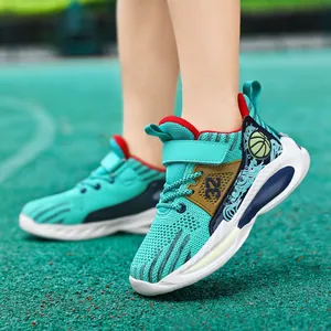 Breathable mesh boys' basketball shoes in teal, lightweight and trendy kids' sports sneakers.